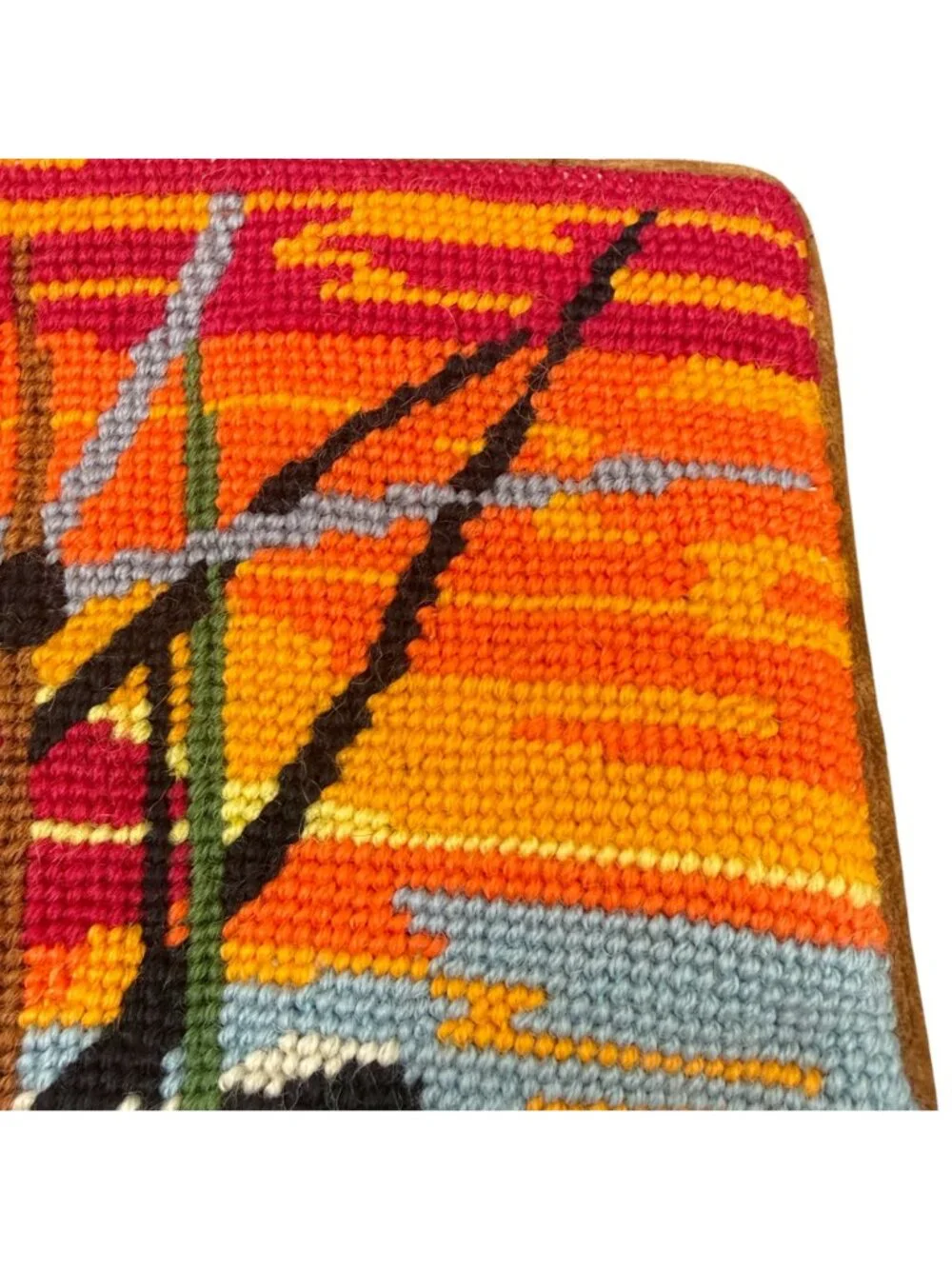 Vintage Needlepoint Pillow Cover Sunset Boats MCM Brown Velveteen Zippered 14.5